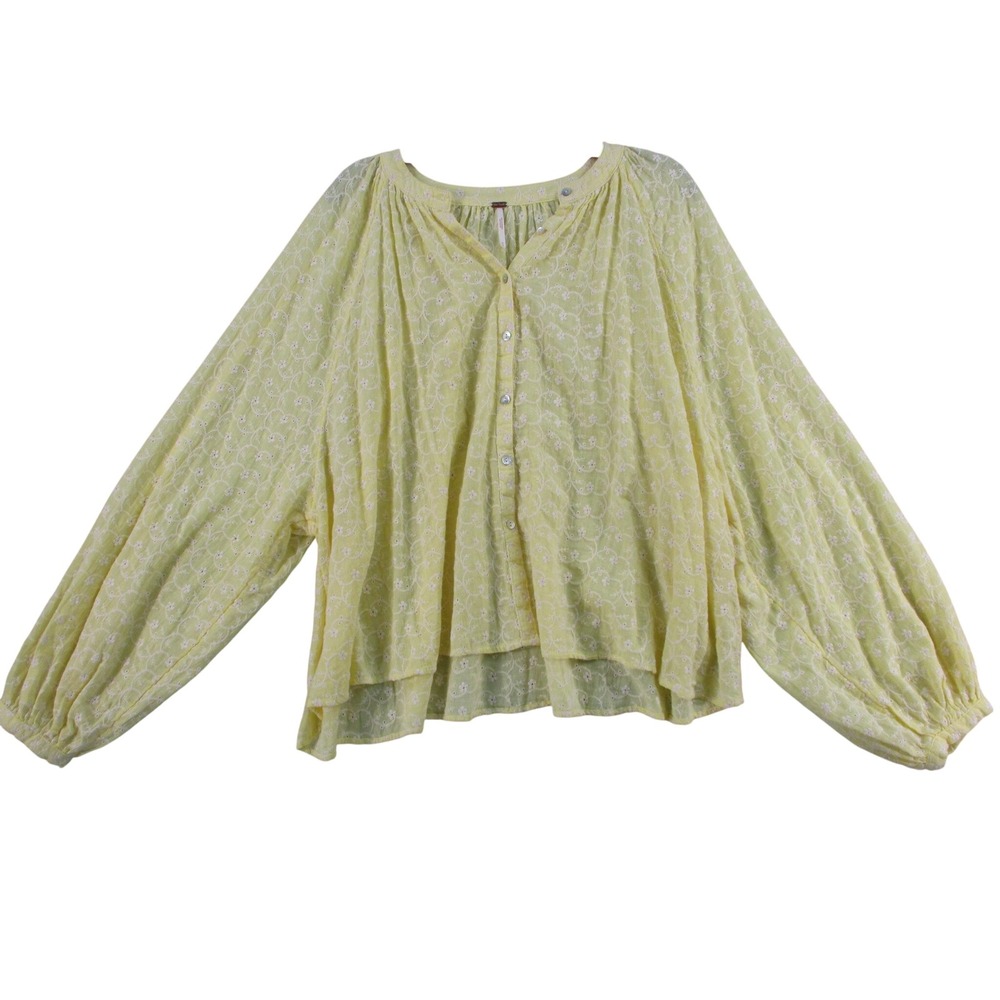 Free People Yellow Eyelet Embroidered Button Down Balloon Sleeve Blouse Medium